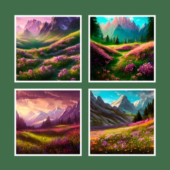 Spring landscape in village with green field and sunset set of four posters, flat cartoon countryside with mountain and forest, blue sky, natural countryside scene, sunny day summer