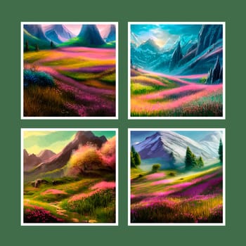 Spring landscape in village with green field and sunset set of four posters, flat cartoon countryside with mountain and forest, blue sky, natural countryside scene, sunny day summer