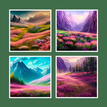 Spring landscape in village with green field and sunset set of four posters, flat cartoon countryside with mountain and forest, blue sky, natural countryside scene, sunny day summer