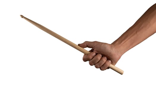 Male hand holding drum stick isolated