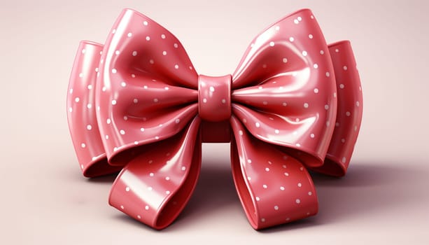 3d pastel pink ribbon bow with white dots isolated on a pink background. 3d render flying modern holiday open surprise box. Realistic icon for present,girls, birthday or wedding banners Copy space Space for text