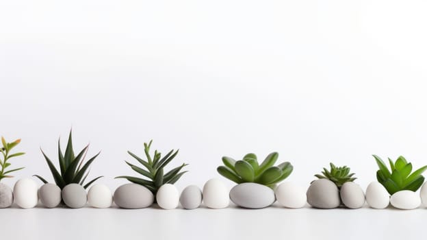 a row of small succulent plants in white pots against a white background, creating a clean, minimalistic, and modern aesthetic. High quality photo