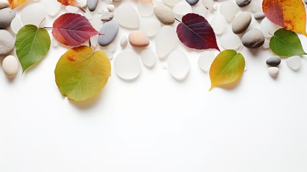 a collection of colorful autumn leaves and smooth stones scattered on a white background, creating a vibrant and harmonious design. High quality photo