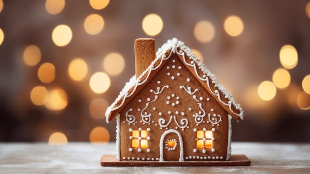 gingerbread house with a bokeh background.decorated with icing and candy.evokes the spirit of Christmas, winter, and home. High quality photo
