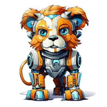 Cartoon lion robots. T-Shirt, Sticker. Funny cyborg. AI Generated