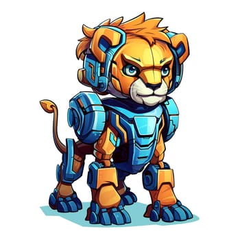 Cartoon lion robots. T-Shirt, Sticker. Funny cyborg. AI Generated