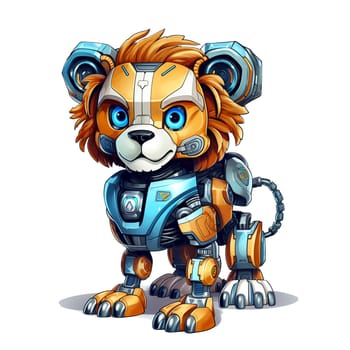 Cartoon lion robots. T-Shirt, Sticker. Funny cyborg. AI Generated