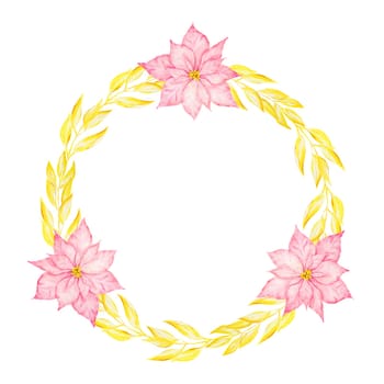 Pink poinsettia and gold branches. Watercolor hand drawn wreath with Christmas star. Winter symbol, new year ornament for holiday season prints, greeting cards, banners, invitations, packing, paper, cards