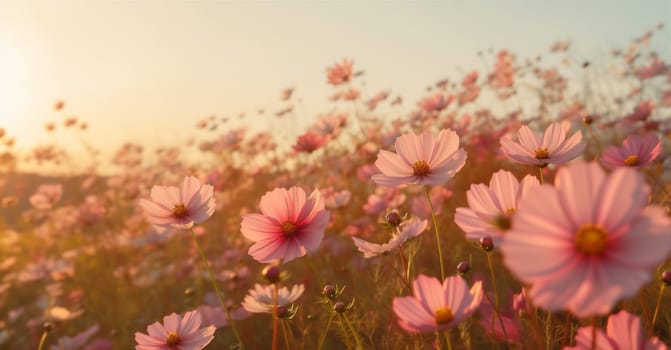 purple green background pink field floral cosmos white fresh sunset outdoor flower violet rural beauty environment nature meadow autumn blooming beautiful. Generative AI.
