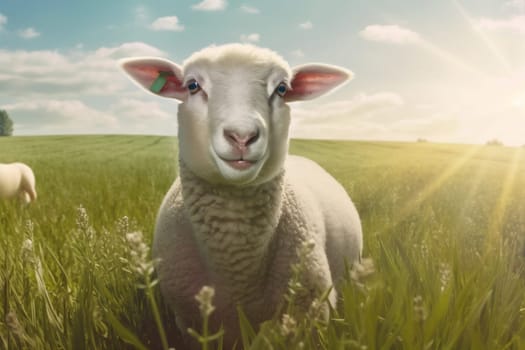 animal sheep young meadow animal wool green sun baby agriculture field springtime grass mountain day herd cute background farm lamb farm. Generative AI.