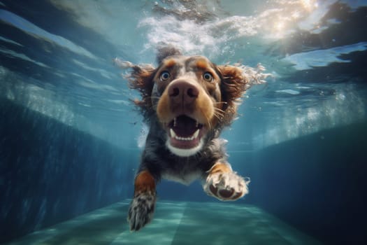underwater dog vacation friend active canine deep puppy summer fit pool game snorkeling dive water view outdoor swimming fun funny. Generative AI.