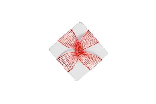 White small gift box with a red bow on a white background banner, free space, top view, mockup for design