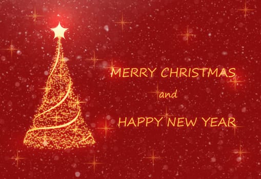 Abstract red greeting card with gold Christmas tree and snow. Inscription Merry CHRISTMAS and Happy new year .