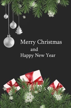 Abstract greeting card with Christmas tree branches, snowflakes, gifts and silver balls, counting last moments to New 2024 Year banner design