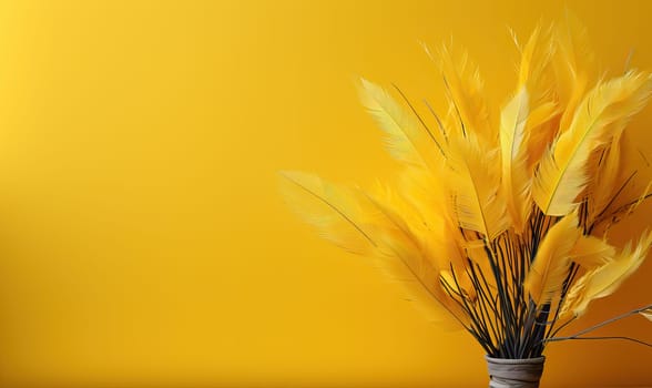 Yellow abstract creative exuberant and refined background with bird feathers in the form of branches in a vase