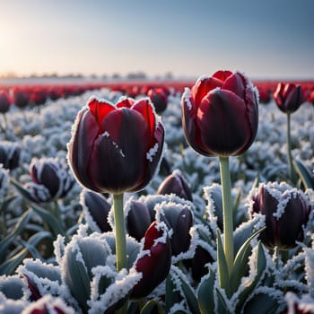 Beautiful field with frozen tulips. AI generated