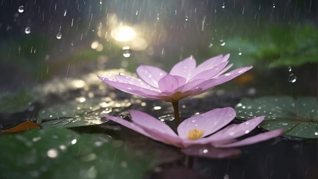 Lotus flowers in the rain. AI generated