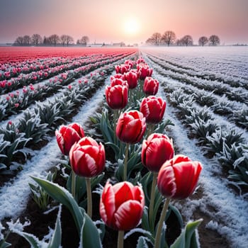Beautiful field with frozen tulips. AI generated