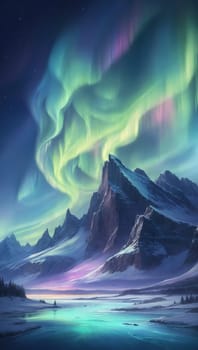 Aurora Borealis in the mountains. AI generated