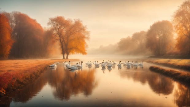 Swans on a pond in the autumn forest. AI generated