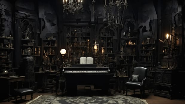 Gothic cabinet with piano. AI generated
