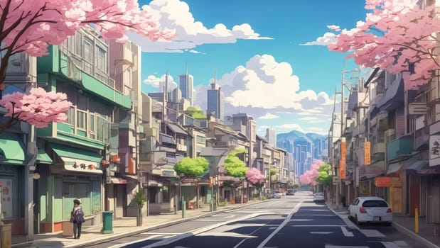 Beautiful city street anime style. AI generated