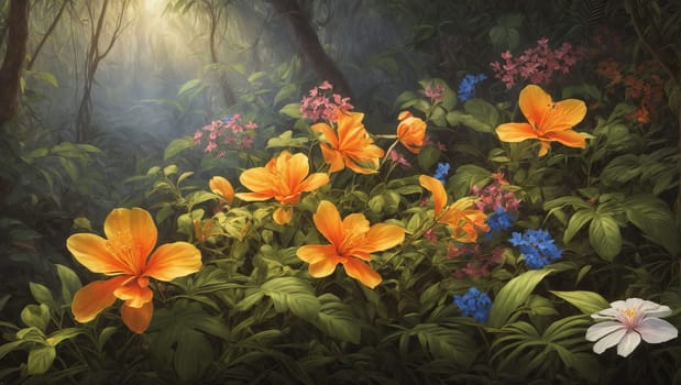 Fairy meadow with colorful flowers. AI generated