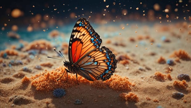 Butterfly on the sand. Macro photography. AI generated
