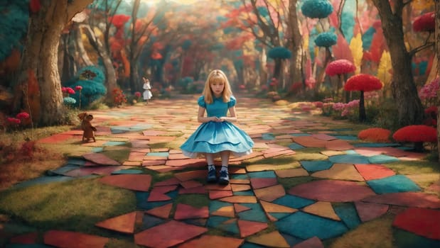 Alice in Wonderland. Colorful forest, AI generated