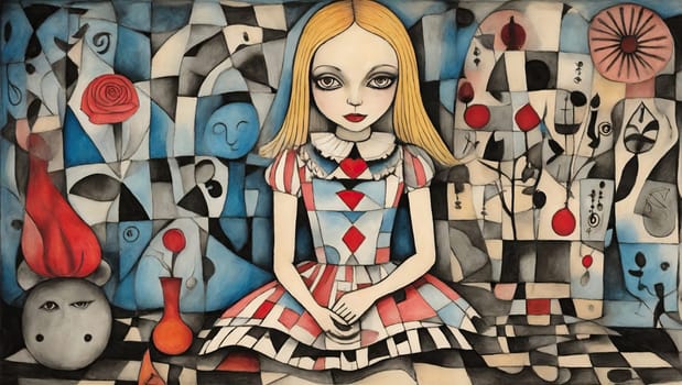Emo beauty Alice in Wonderland in the style of Paul Klee. AI generated