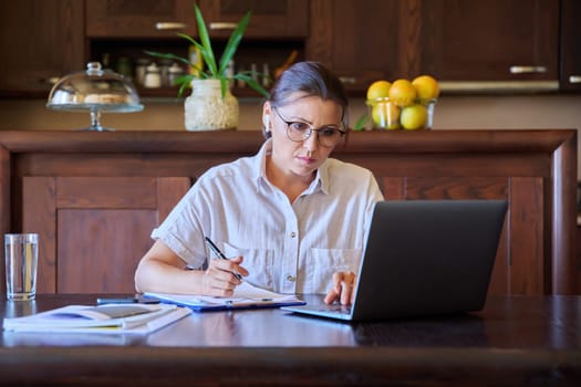 Home workplace, home office, middle aged woman in headphones working at table using laptop and business papers. Freelancing, remote work, technology, video conference calls chats, people 40s concept