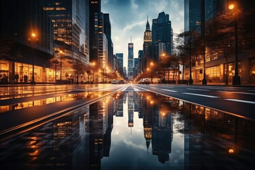 Dusk lights in modern city street scene Blurry image of a near-dark road Bright lights, tall buildings, towers, skyscrapers, roads, cars. by Generative AI.