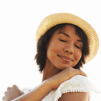 Outdoor sky, freedom or zen woman with smile, peace or wellness on holiday vacation or break. Calm, summer or happy person in nature to breathe in fresh air for happiness, self love or gratitude.