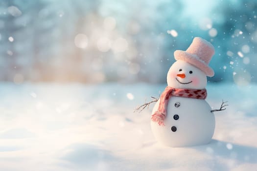 A snowman standing on the background of a winter landscape. High quality photo