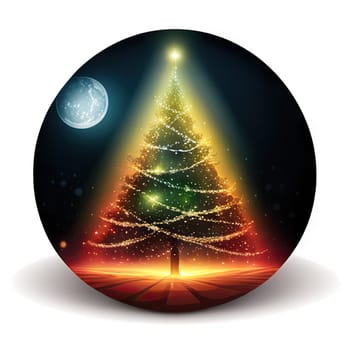 Christmas tree with xmas decorations. Merry Christmas and happy new year. Happy holidays logo.