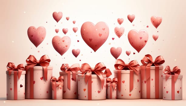 Valentine's day design. Realistic 3d pink gifts boxes. Open gift box full of decorative festive object. Holiday banner, web poster, flyer, stylish brochure, greeting card, cover. Romantic background Valentine's Day concept Copy space