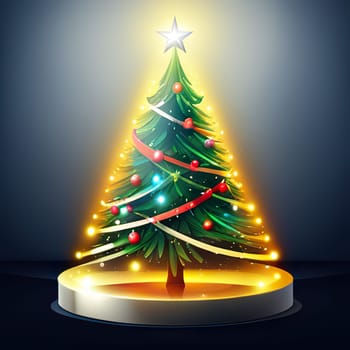 Christmas tree with xmas decorations. Merry Christmas and happy new year. Happy holidays logo.