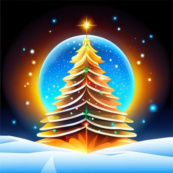 Christmas tree with xmas decorations. Merry Christmas and happy new year. Happy holidays logo.