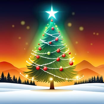 Christmas trees with decorations Christmas and New Year concept, spruce trees with star and garland sign