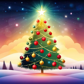 Christmas trees with decorations Christmas and New Year concept, spruce trees with star and garland sign