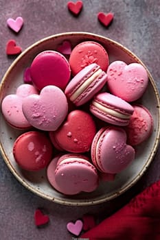 French sweet colorful heart shape cookies macarons macaroons with crumbs flying falling on vintage pink plate isolated on white background. Pastry shop card with copy space. Valentines day. Romantic concept Valentine top view