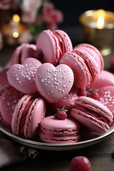 French sweet colorful heart shape cookies macarons macaroons with crumbs flying falling on vintage pink plate isolated on white background. Pastry shop card with copy space. Valentines day. Romantic concept Valentine top view