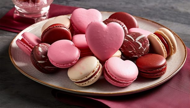 French sweet colorful heart shape cookies macarons macaroons with crumbs flying falling on vintage pink plate isolated on white background. Pastry shop card with copy space. Valentines day. Romantic concept Valentine top view