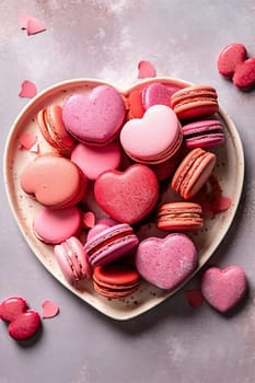 French sweet colorful heart shape cookies macarons macaroons with crumbs flying falling on vintage pink plate isolated on white background. Pastry shop card with copy space. Valentines day. Romantic concept Valentine top view