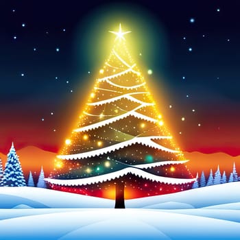 Christmas greeting card with graphic Christmas tree, colored background