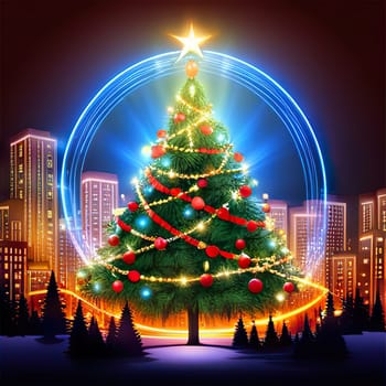 Christmas trees with decorations Christmas and New Year concept, spruce trees with star and garland sign