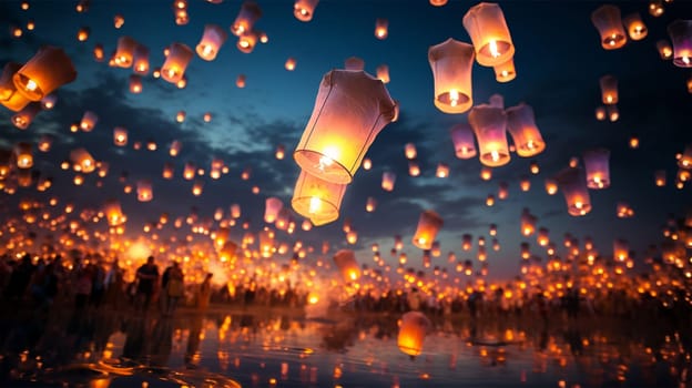 Lantern Festival background, Shangyuan Festival China. Magical flying lanterns in the colorful sky. beautiful lights sparkling. Chinese festive background beauty