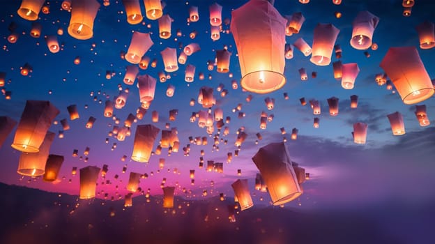 Lantern Festival background, Shangyuan Festival China. Magical flying lanterns in the colorful sky. beautiful lights sparkling. Chinese festive background beauty