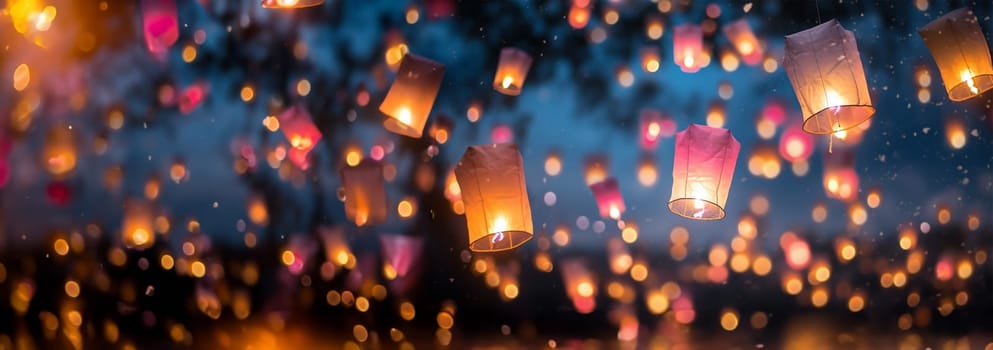 Lantern Festival background, Shangyuan Festival China. Magical flying lanterns in the colorful sky. beautiful lights sparkling. Chinese festive background beauty