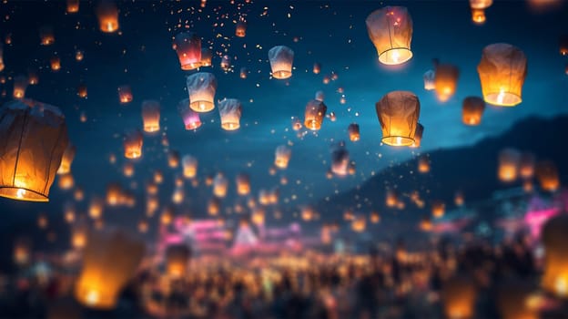 Lantern Festival background, Shangyuan Festival China. Magical flying lanterns in the colorful sky. beautiful lights sparkling. Chinese festive background beauty